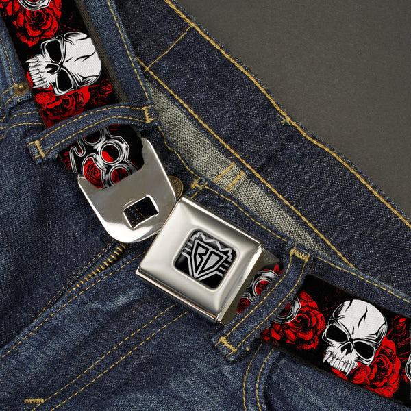 Buckle-Down BD Wings Logo CLOSE-UP Full Color Black Silver Seatbelt Belt - Brass Knuckles/Skulls/Roses Black/Red/White Webbing