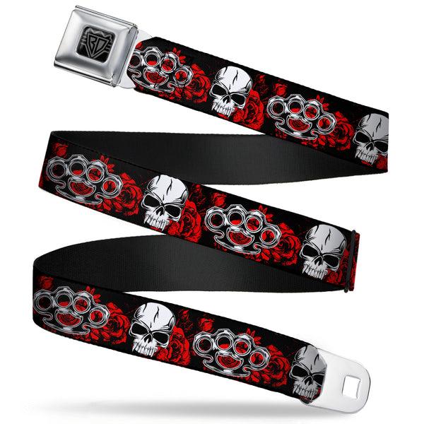 Buckle-Down BD Wings Logo CLOSE-UP Full Color Black Silver Seatbelt Belt - Brass Knuckles/Skulls/Roses Black/Red/White Webbing