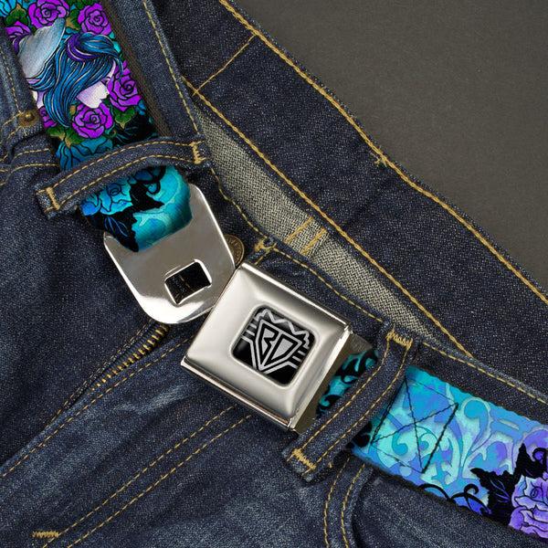 Buckle-Down BD Wings Logo CLOSE-UP Full Color Black Silver Seatbelt Belt - TJ-Fairy Blue Hair Webbing