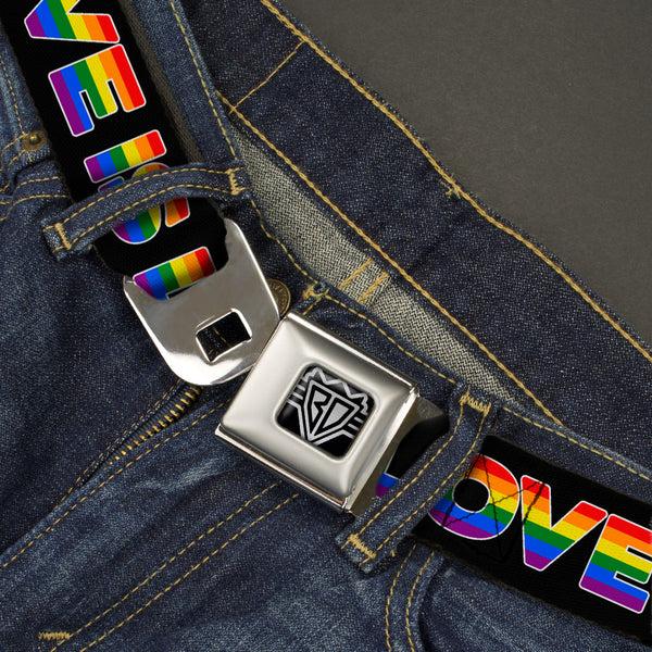 Buckle-Down BD Wings Logo CLOSE-UP Full Color Black Silver Seatbelt Belt - LOVE IS LOVE/Heart Black/Rainbow Webbing