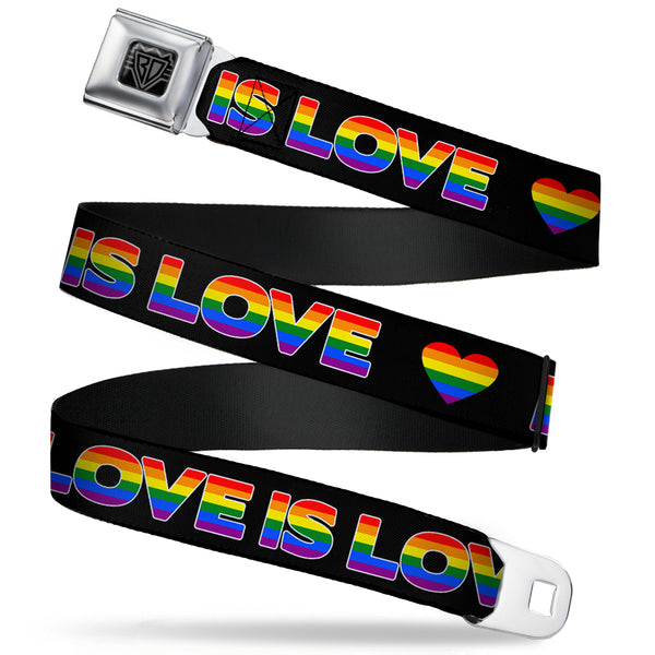 Buckle-Down BD Wings Logo CLOSE-UP Full Color Black Silver Seatbelt Belt - LOVE IS LOVE/Heart Black/Rainbow Webbing