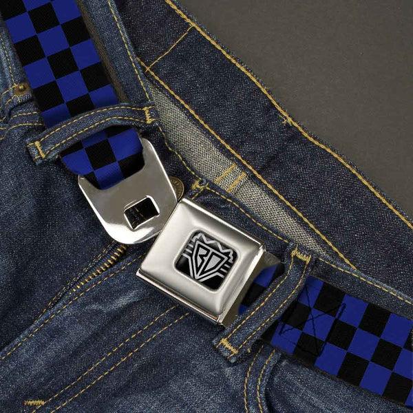 Buckle-Down BD Wings Logo CLOSE-UP Full Color Black Silver Seatbelt Belt - Checker Black/Blue Webbing