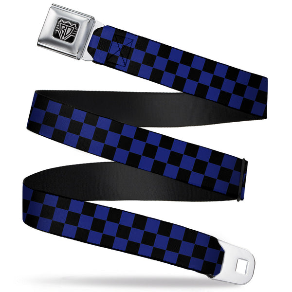 Buckle-Down BD Wings Logo CLOSE-UP Full Color Black Silver Seatbelt Belt - Checker Black/Blue Webbing