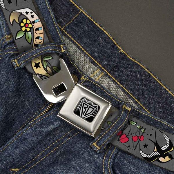 Buckle-Down BD Wings Logo CLOSE-UP Full Color Black Silver Seatbelt Belt - Lucky Gray Webbing