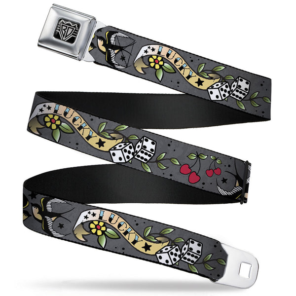 Buckle-Down BD Wings Logo CLOSE-UP Full Color Black Silver Seatbelt Belt - Lucky Gray Webbing