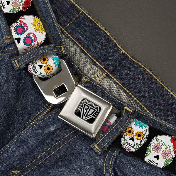 Buckle-Down BD Wings Logo CLOSE-UP Full Color Black Silver Seatbelt Belt - Staggered Sugar Skulls CLOSE-UP Black/Multi Color Webbing