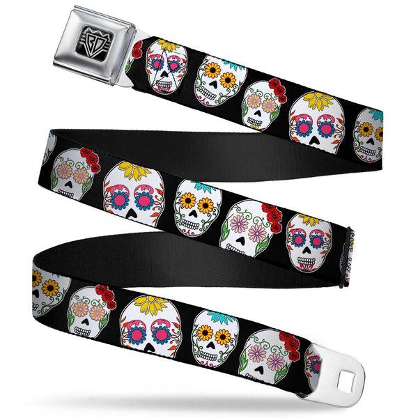 Buckle-Down BD Wings Logo CLOSE-UP Full Color Black Silver Seatbelt Belt - Staggered Sugar Skulls CLOSE-UP Black/Multi Color Webbing