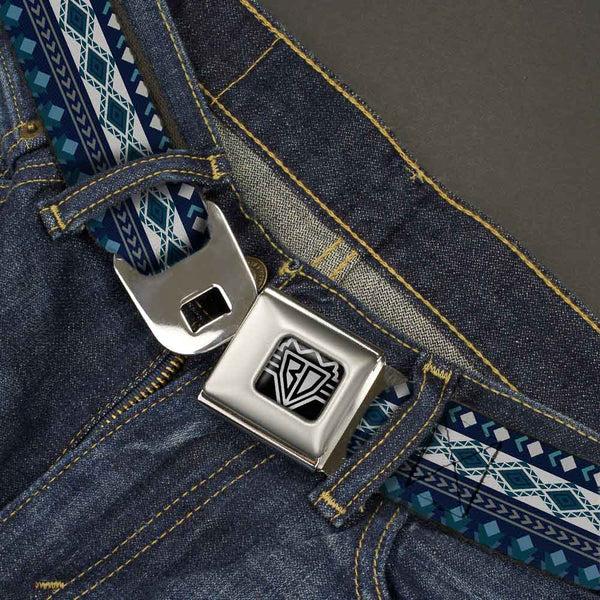 Buckle-Down BD Wings Logo CLOSE-UP Full Color Black Silver Seatbelt Belt - Aztec4 Blues/White/Gray Webbing