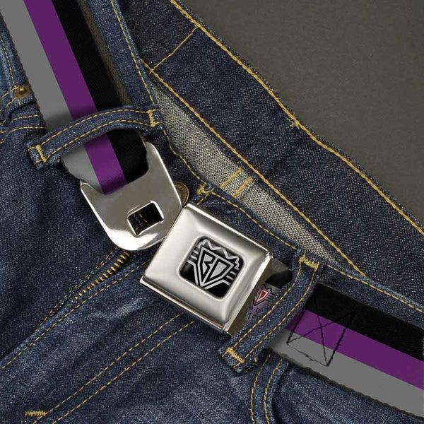 Buckle-Down BD Wings Logo CLOSE-UP Full Color Black Silver Seatbelt Belt - Stripes Black/Purple/Gray Webbing