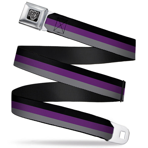 Buckle-Down BD Wings Logo CLOSE-UP Full Color Black Silver Seatbelt Belt - Stripes Black/Purple/Gray Webbing