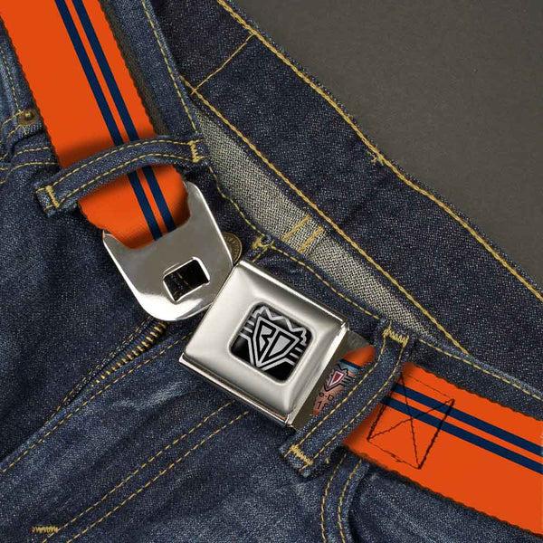 Buckle-Down BD Wings Logo CLOSE-UP Full Color Black Silver Seatbelt Belt - Racing Stripe Orange/Navy Webbing
