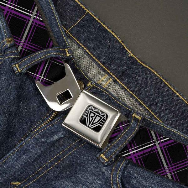 Buckle-Down BD Wings Logo CLOSE-UP Full Color Black Silver Seatbelt Belt - Plaid Black/Purple/Gray Webbing