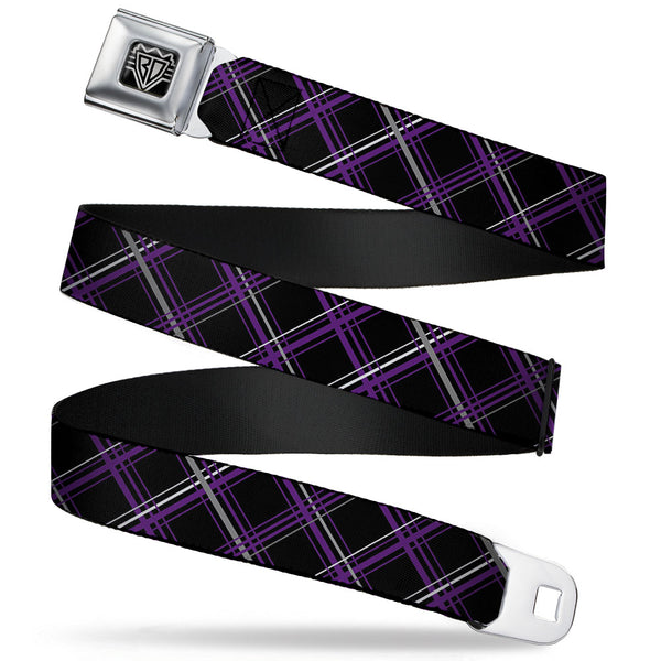 Buckle-Down BD Wings Logo CLOSE-UP Full Color Black Silver Seatbelt Belt - Plaid Black/Purple/Gray Webbing