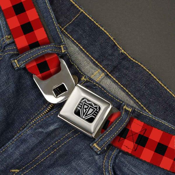 Buckle-Down BD Wings Logo CLOSE-UP Full Color Black Silver Seatbelt Belt - Buffalo Plaid Black/Red Webbing
