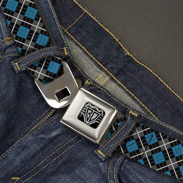 Buckle-Down BD Wings Logo CLOSE-UP Full Color Black Silver Seatbelt Belt - Argyle Black/Gray/Turquoise Webbing