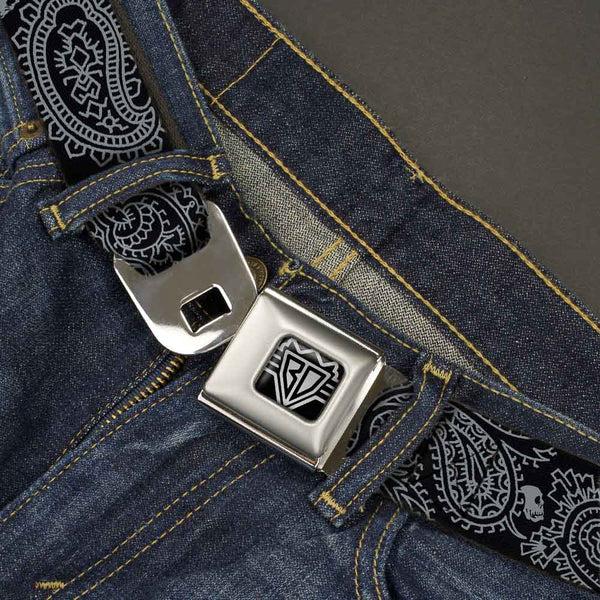 Buckle-Down BD Wings Logo CLOSE-UP Full Color Black Silver Seatbelt Belt - Bandana/Skulls Black/Silver Webbing