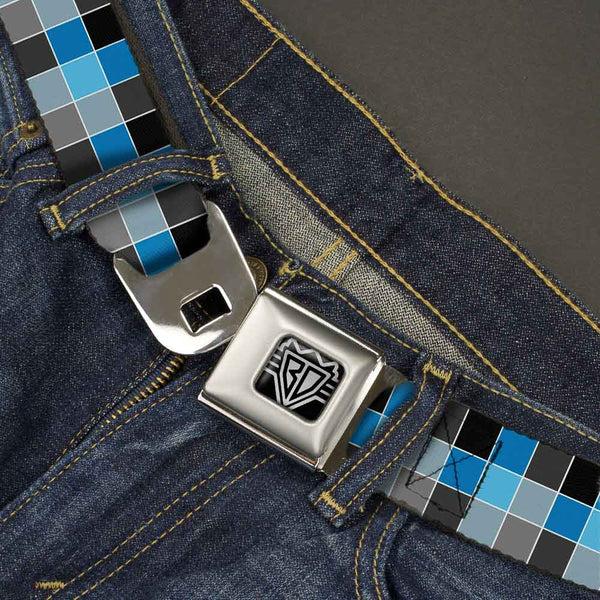 Buckle-Down BD Wings Logo CLOSE-UP Full Color Black Silver Seatbelt Belt - Checker Mosaic Blue Webbing