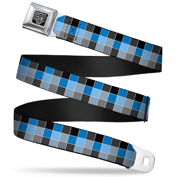 Buckle-Down BD Wings Logo CLOSE-UP Full Color Black Silver Seatbelt Belt - Checker Mosaic Blue Webbing
