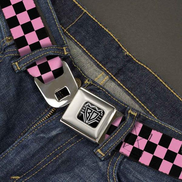 Buckle-Down BD Wings Logo CLOSE-UP Full Color Black Silver Seatbelt Belt - Checker Black/Baby Pink Webbing