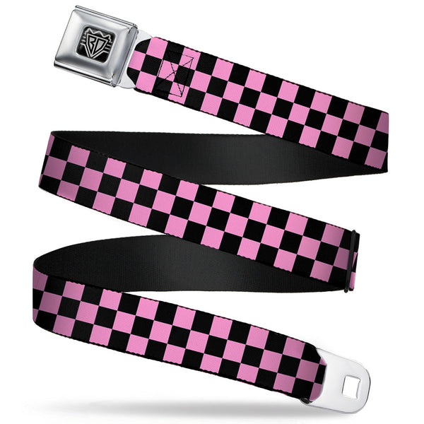 Buckle-Down BD Wings Logo CLOSE-UP Full Color Black Silver Seatbelt Belt - Checker Black/Baby Pink Webbing