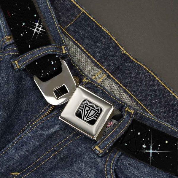 Buckle-Down BD Wings Logo CLOSE-UP Full Color Black Silver Seatbelt Belt - Deep Space Black/White Webbing