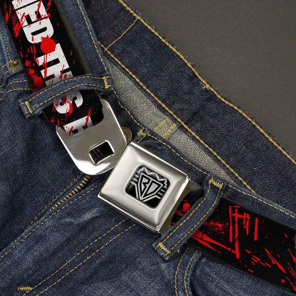 Buckle-Down BD Wings Logo CLOSE-UP Full Color Black Silver Seatbelt Belt - ZOMBIES RUINED THIS BELT Black/White/Red Splatter Webbing