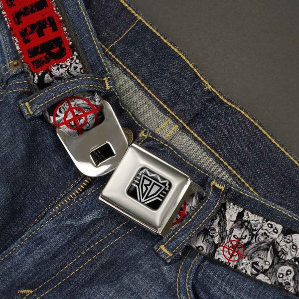 Buckle-Down BD Wings Logo CLOSE-UP Full Color Black Silver Seatbelt Belt - ZOMBIE KILLER W/Stacked Zombies Sketch Webbing