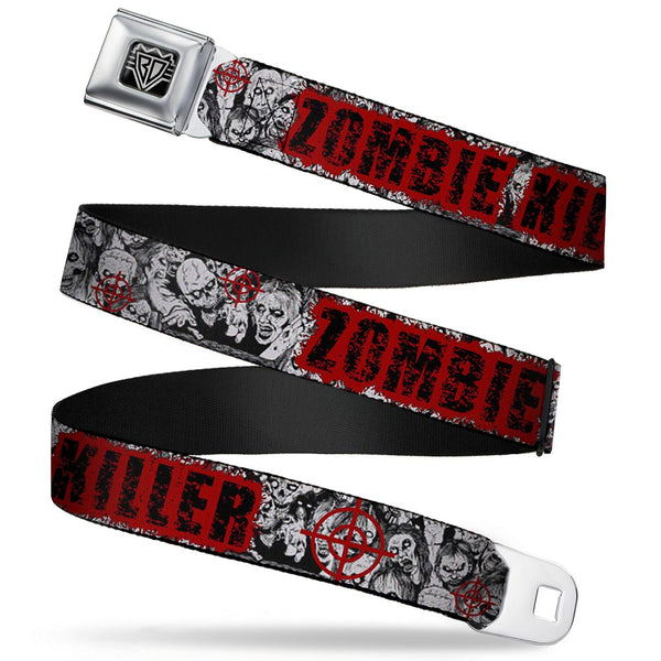 Buckle-Down BD Wings Logo CLOSE-UP Full Color Black Silver Seatbelt Belt - ZOMBIE KILLER w/Stacked Zombies Sketch Webbing