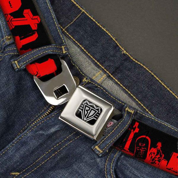 Buckle-Down BD Wings Logo CLOSE-UP Full Color Black Silver Seatbelt Belt - Graveyard Black/Red Webbing