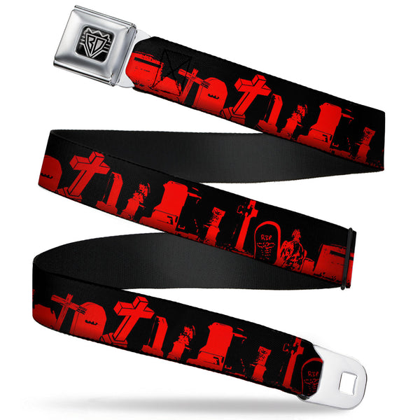 Buckle-Down BD Wings Logo CLOSE-UP Full Color Black Silver Seatbelt Belt - Graveyard Black/Red Webbing