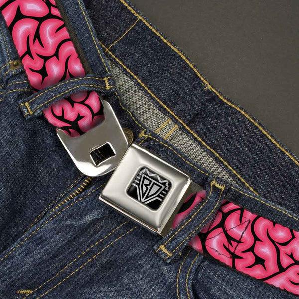 Buckle-Down BD Wings Logo CLOSE-UP Full Color Black Silver Seatbelt Belt - Brains Black/Pink Webbing