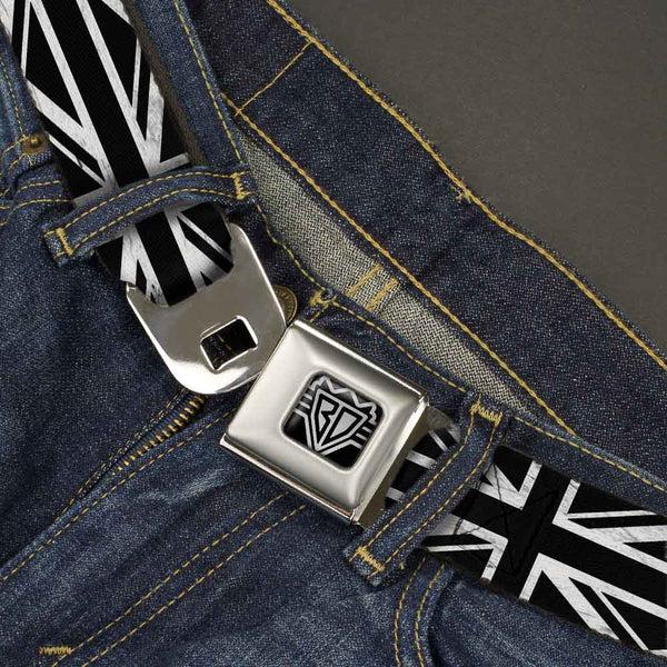 Buckle-Down BD Wings Logo CLOSE-UP Full Color Black Silver Seatbelt Belt - Union Jack Distressed Black/White Webbing