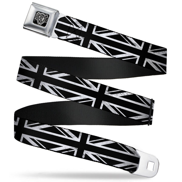 Buckle-Down BD Wings Logo CLOSE-UP Full Color Black Silver Seatbelt Belt - Union Jack Distressed Black/White Webbing