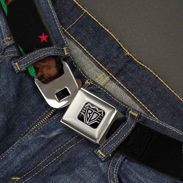 Buckle-Down BD Wings Logo CLOSE-UP Full Color Black Silver Seatbelt Belt - California Flag Bear Black Webbing