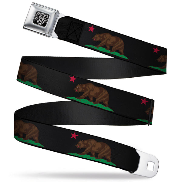 Buckle-Down BD Wings Logo CLOSE-UP Full Color Black Silver Seatbelt Belt - California Flag Bear Black Webbing
