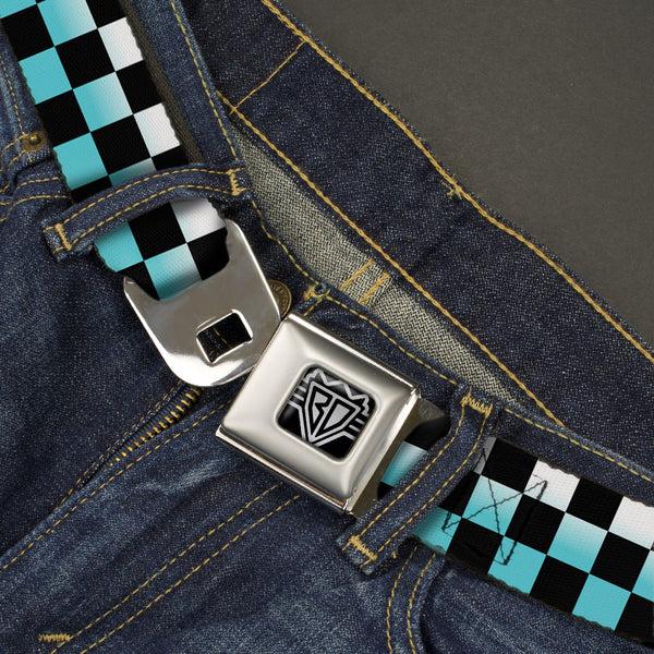 Buckle-Down BD Wings Logo CLOSE-UP Full Color Black Silver Seatbelt Belt - Checker Black/Ombre Turquoise Webbing