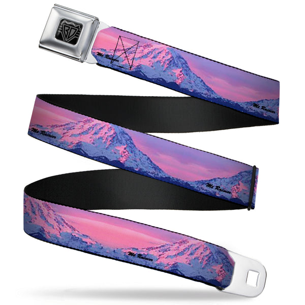 Buckle-Down BD Wings Logo CLOSE-UP Full Color Black Silver Seatbelt Belt - Washington MT. RAINIER Sunset Landscape Webbing