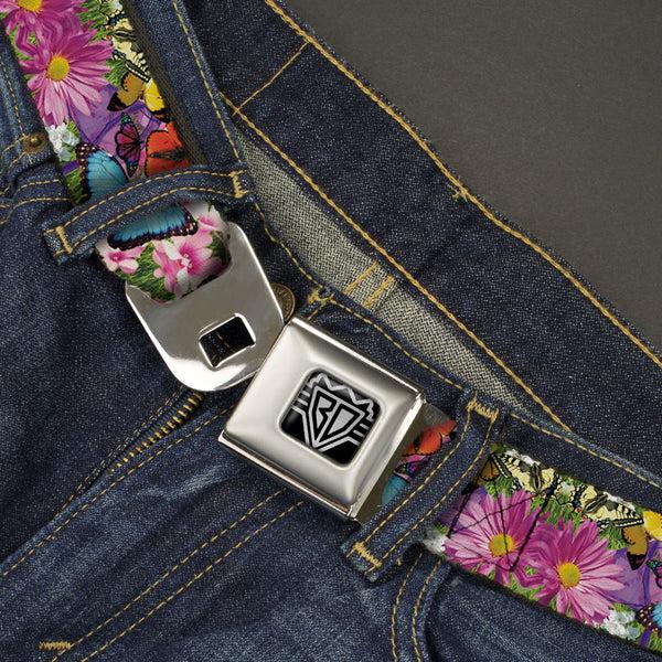 Buckle-Down BD Wings Logo CLOSE-UP Full Color Black Silver Seatbelt Belt - Vivid Butterfly Garden Webbing
