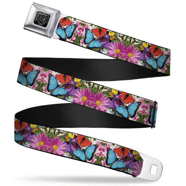 Buckle-Down BD Wings Logo CLOSE-UP Full Color Black Silver Seatbelt Belt - Vivid Butterfly Garden Webbing