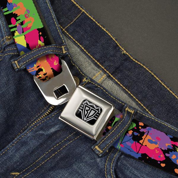 Buckle-Down BD Wings Logo CLOSE-UP Full Color Black Silver Seatbelt Belt - BD Paint Splatter Black/Neon Webbing
