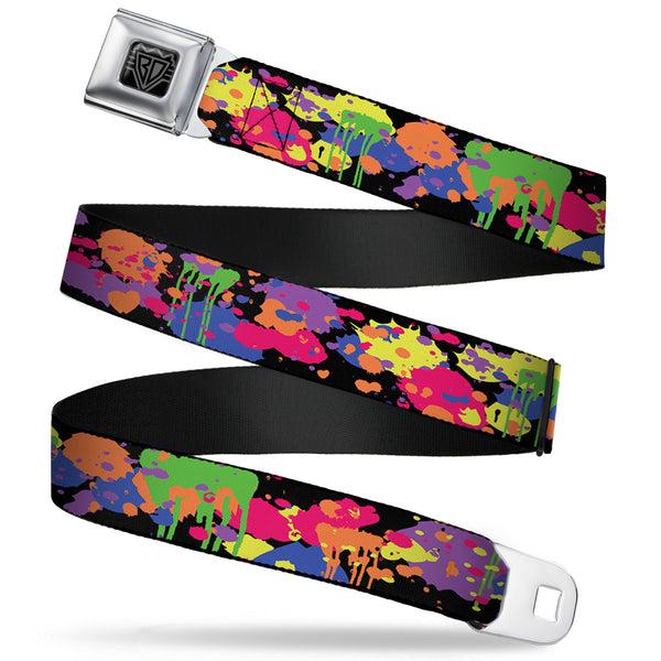 Buckle-Down BD Wings Logo CLOSE-UP Full Color Black Silver Seatbelt Belt - BD Paint Splatter Black/Neon Webbing