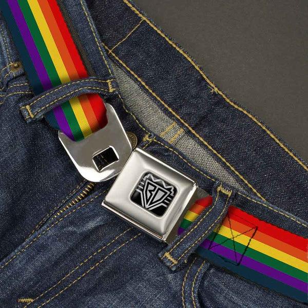 Buckle-Down BD Wings Logo CLOSE-UP Full Color Black Silver Seatbelt Belt - Rainbow Webbing