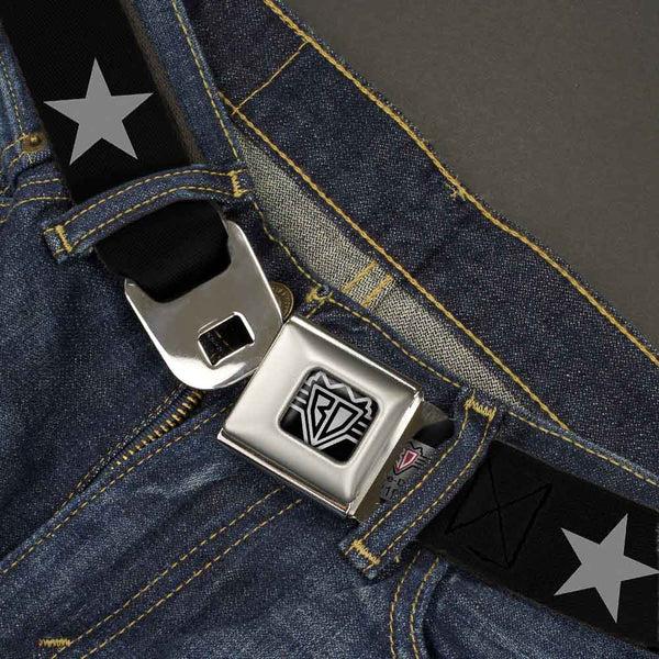Buckle-Down BD Wings Logo CLOSE-UP Full Color Black Silver Seatbelt Belt - Star Black/Silver Webbing