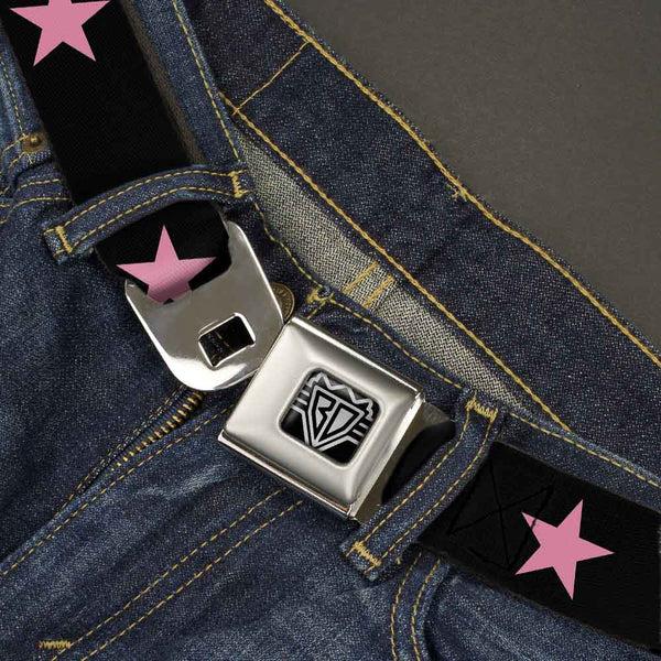 Buckle-Down BD Wings Logo CLOSE-UP Full Color Black Silver Seatbelt Belt - Star Black/Pink Webbing