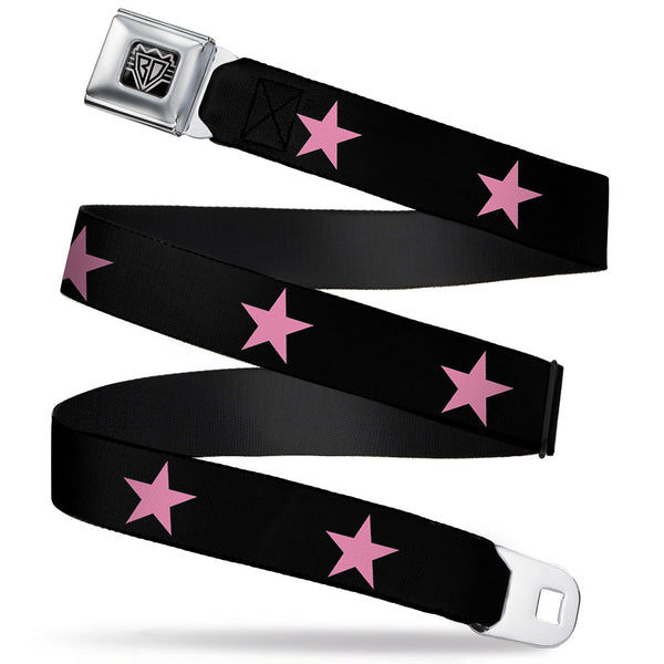 Buckle-Down BD Wings Logo CLOSE-UP Full Color Black Silver Seatbelt Belt - Star Black/Pink Webbing