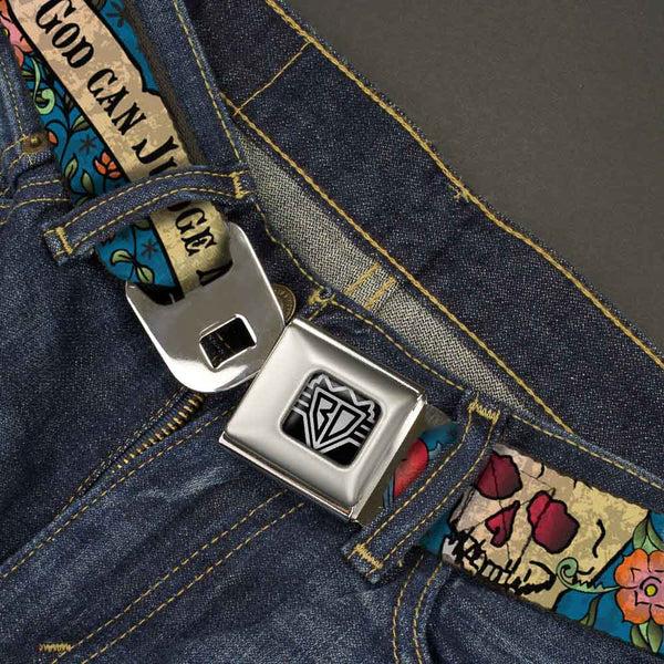 Buckle-Down BD Wings Logo CLOSE-UP Full Color Black Silver Seatbelt Belt - Only God Can Judge Me Blue Webbing