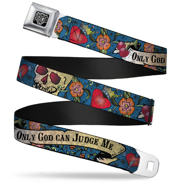 Buckle-Down BD Wings Logo CLOSE-UP Full Color Black Silver Seatbelt Belt - Only God Can Judge Me Blue Webbing