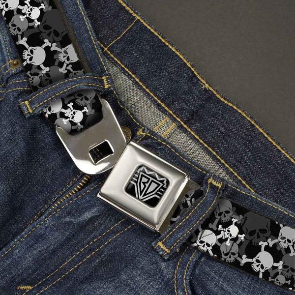 Buckle-Down BD Wings Logo CLOSE-UP Full Color Black Silver Seatbelt Belt - Top Skulls Stacked Black/Gray/White Webbing