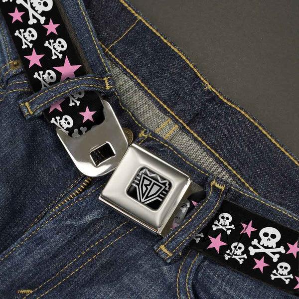 Buckle-Down BD Wings Logo CLOSE-UP Full Color Black Silver Seatbelt Belt - Skulls & Stars Black/White/Pink Webbing