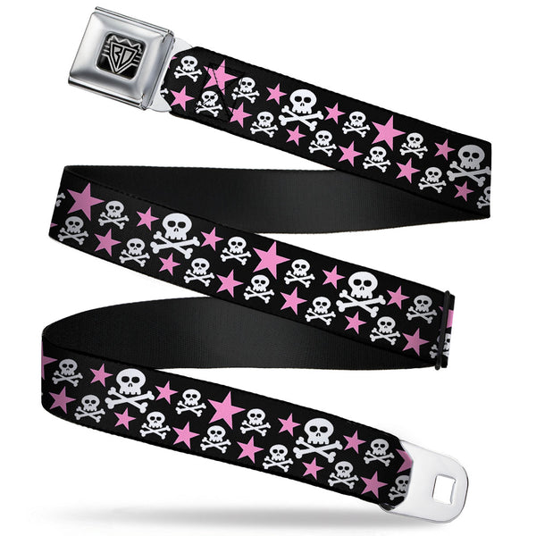Buckle-Down BD Wings Logo CLOSE-UP Full Color Black Silver Seatbelt Belt - Skulls & Stars Black/White/Pink Webbing